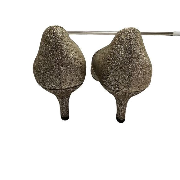 Gold Heels Womens Size 7.5 Sparkle Glitter Glam Wedding Dress Peep Toe Metallic - Picture 3 of 16